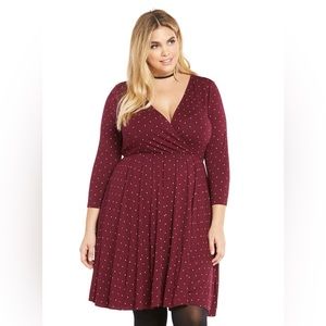 Burgundy Dot Pront Surplice Skater Dress